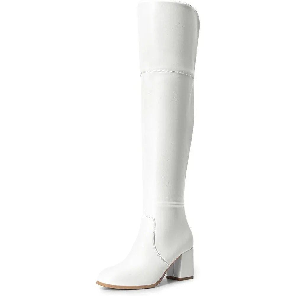 Women's White-pu Faux Suede Thigh High Block Heel Over The Knee Pointed Boots
